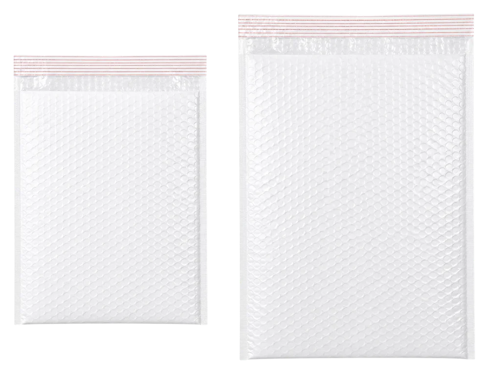 Two sizes of white poly bubble mailers