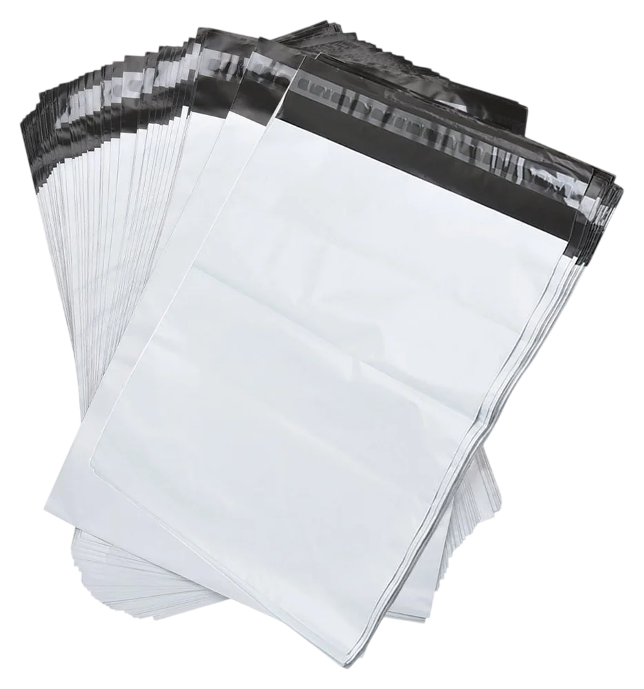 Stack of white 10x13 poly mailers with self-seal strip