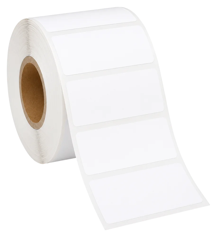 Roll of white prescription labels on a cardboard core