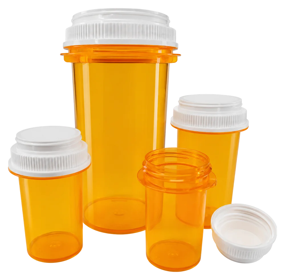 Amber prescription vials with white caps in four sizes